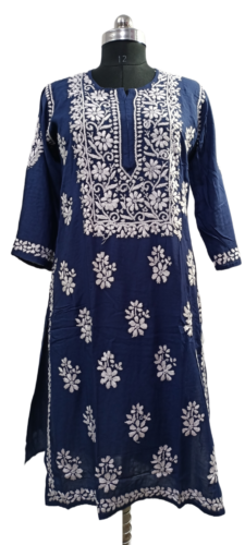Hand Embroidered Navy Blue Color Chikankari Rayon Summer Wear Kurti For Women - Picture 1 of 8