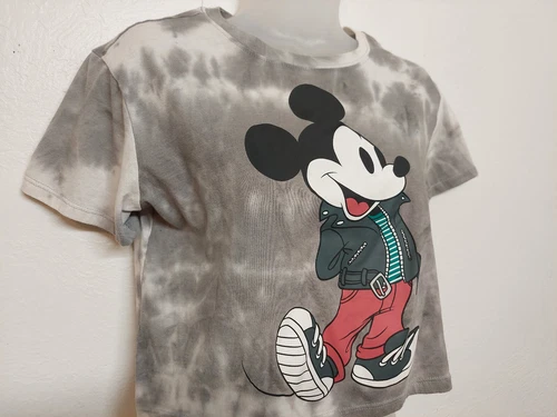 DISNEY Mickey Mouse Crop Top Tie Dye Gray Muted Sz Small EUC Full Mickey