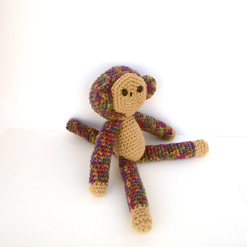 Plush Toy Monkey in a Tan/Artist Print Ombre Yarns. Cute, Cuddly Crochet Monkey