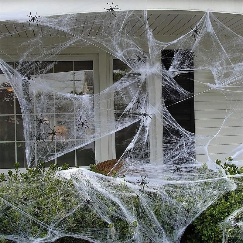 Halloween Decorations Artificial Spider Web Stretch Cobwebs with Fake Spiders