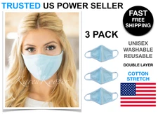 3 Pcs Blue Face Mask Cotton Double Layer Cover Washable Reusable Unisex USA