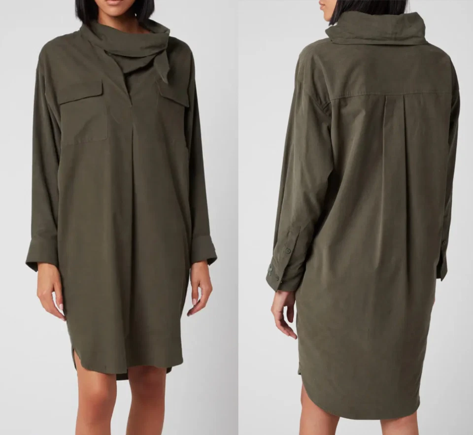 KENZO Cowl Neck Collar Green Festival Midi Fern Dress Shirt Hemd Kleid New S