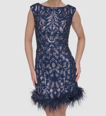 eliza j feather trim sequin dress Eliza J Sequin Fringe Long Sleeve Cocktail Dress - Silver