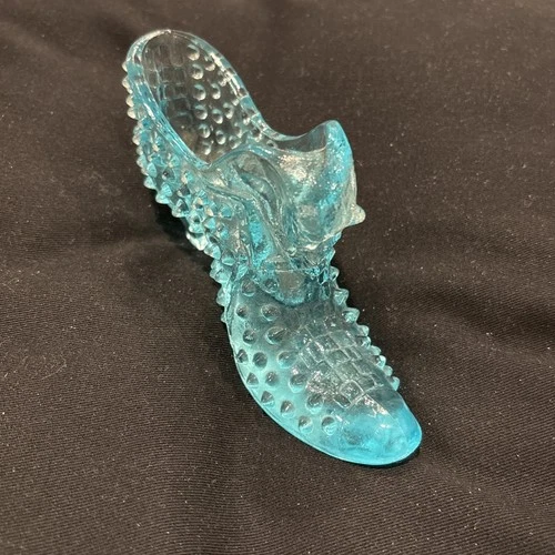 Vintage Fenton Glass Shoe Slipper Hobnail Blue Turquoise Cat Head