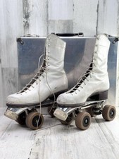 Vtg Reidell Roller Skates Sz 6 White Leather Chicago Plate Raybestos Wheels Case