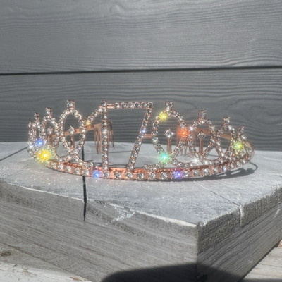 Rhinestone Tiara Crown Headband, Rose Gold Tone, Multicolor Stones 17th 