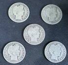 [Lot of 5] BARBER HALF DOLLARS .50  90% Silver $2.50 Face Value