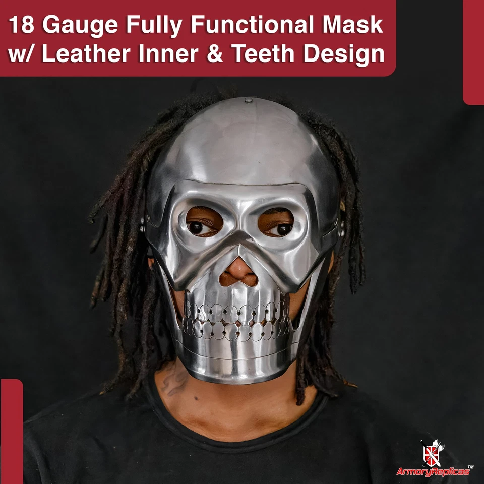 Steel Armor Skull Face Mask LARP Costume Halloween Stage Prop Functional - Image 4 of 4