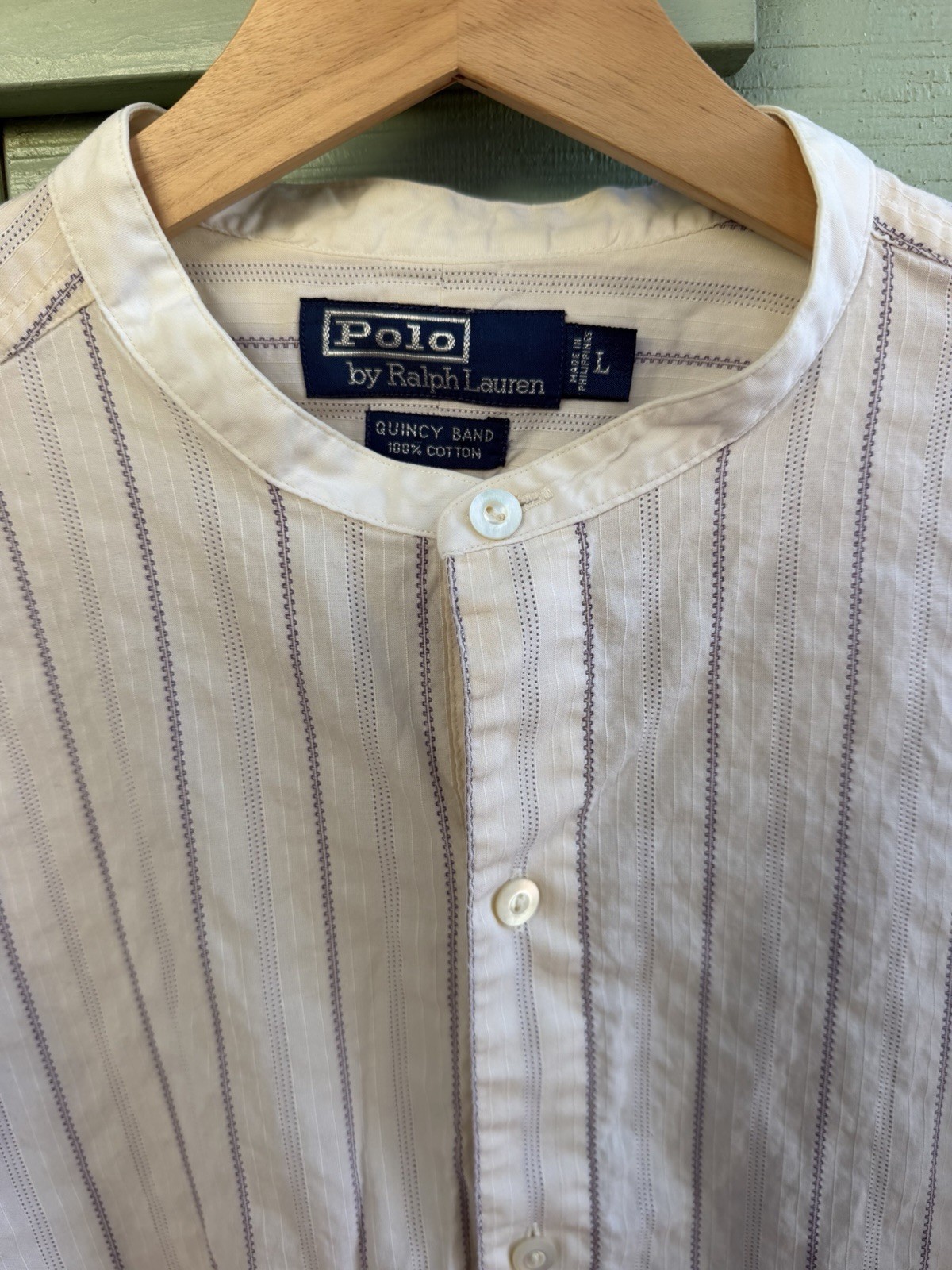 VTG Polo Ralph Lauren Quincy Band Shirt Mens L Striped Cotton Grandad Collar