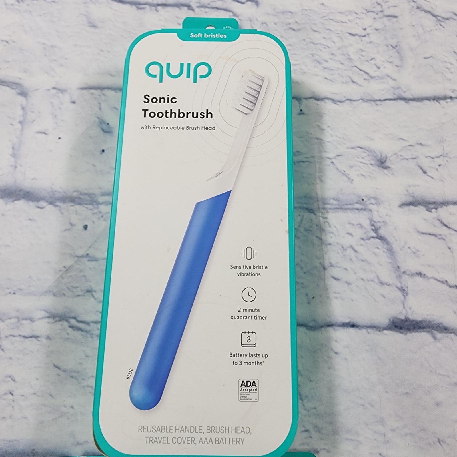 Quip Rechargeable Electric Toothbrush Soft Bristle Sonic Blue 3X Brushheads SET 