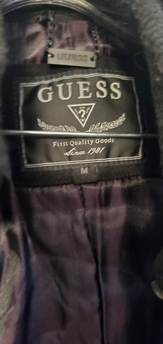 Vintage Guess Wool Overcoat Mens Medium Black Insulated Quilted Lining Jacket - Picture 2 of 2