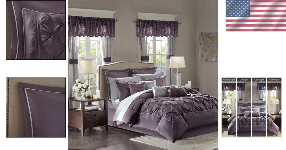 Elegant Modern Comforter Set - 24 Pieces Cal King with Matching Curtains in Plum - Image 2 of 4