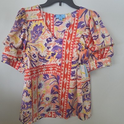 CeCe Rio Vibe Festival Multicolor 3/4 Gathered Sleeve Boho Blouse Top Large $69