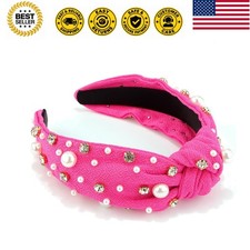 Pearl Knotted Headband - Pink Rhinestone Top Knot Crystal Headpiece for Women...