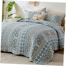 Boho Quilt Bedding Set, Teal Striped Reversible Oversized Quilt Queen Blue