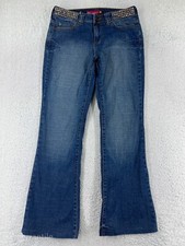 SO Pants Women 5 Blue Denim Jeans Bootcut Mid Rise Embroidered Studded Cotton