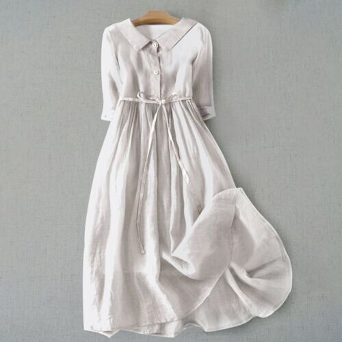 Damen fest Plissee gebunden Kleid Sommer Revers Knopf Baumwolle lang Freizeitkleid - Bild 10 von 42