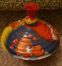 VERY RARE Vintage LBZ Spinning Toy Top Tin Metal Germany Bear Themed Red Top