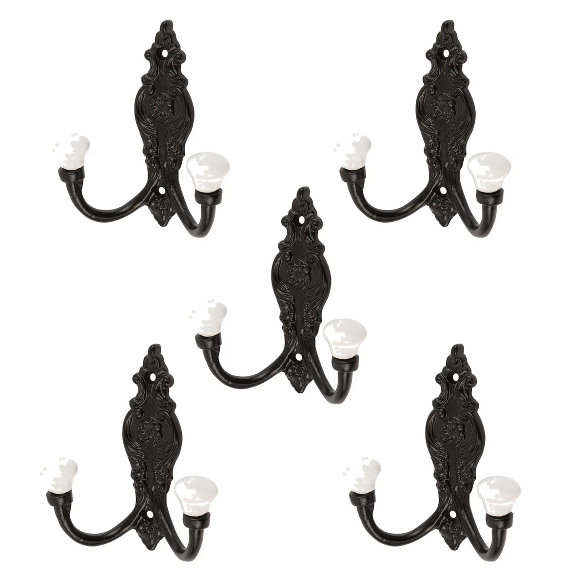 5x Ornate Double White Ceramic Coat Hook Cast Iron Vintage W100mm 