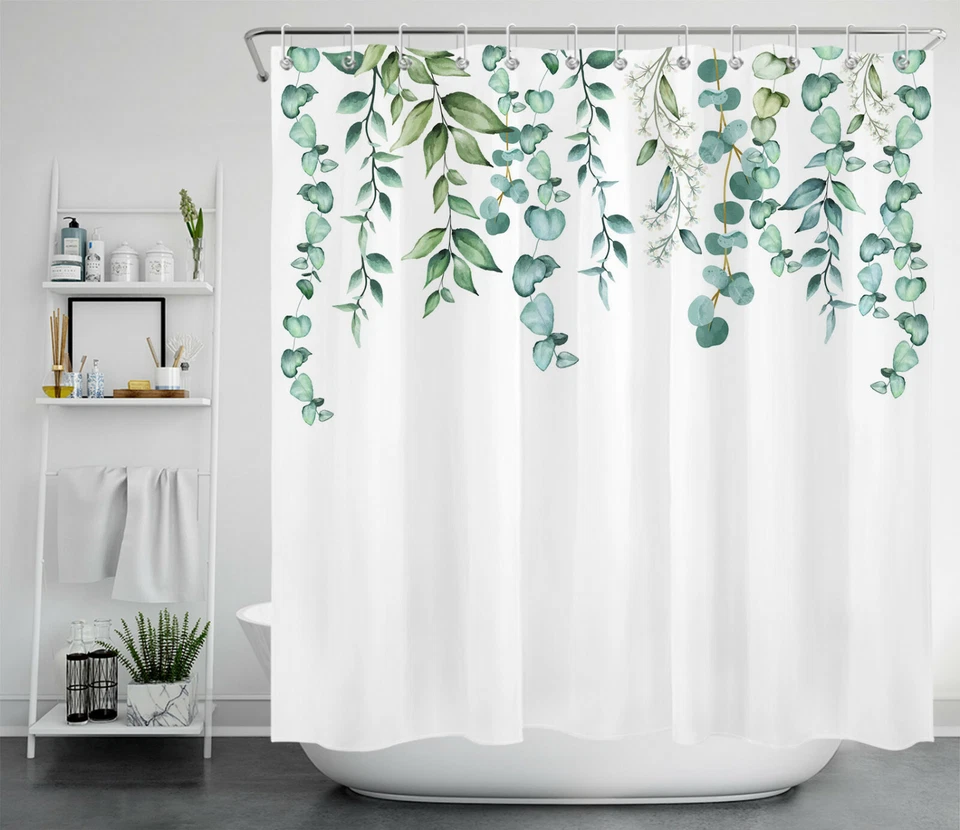 Spring Green Leaves White Minimalist Shower Curtain Bathroom Accessories Set - Image 2 of 4