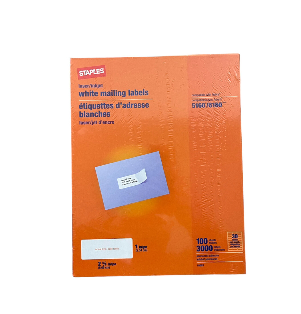 18057 Staples Laser/Inkjet Mailing Labels 1"W x 2 5/8"L White 30 Labels