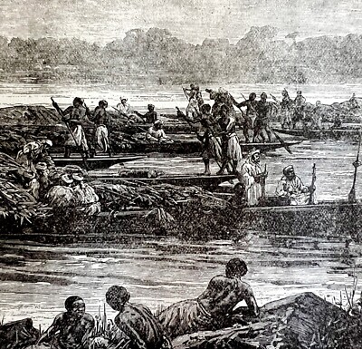 Tippoo Tib Canoe Congo River 1890 Wood Engraving Victorian Stanley Africa DWAA2C