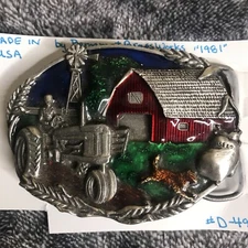 VINTAGE 1981 BERGAMOT BRASS WORKS BELT BUCKLE FARMER FARM Barn Tractor Windmill