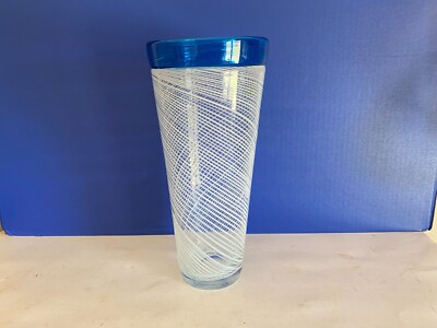 Tall Vase White Swirl W/Blue Band 11 1/2'' Tall 5'' Wide Murino Glass