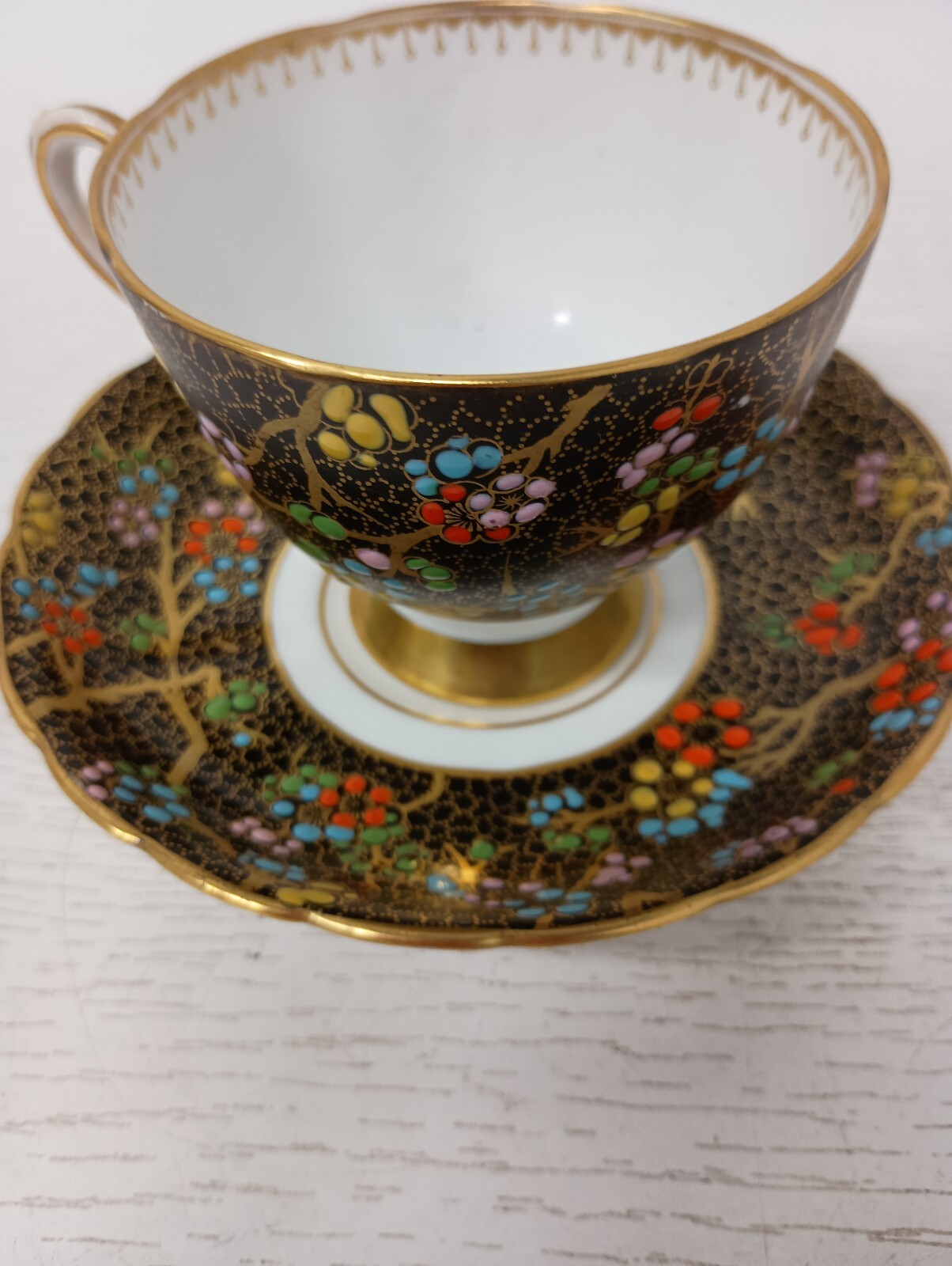 Vintage Tuscan English Bone China Tea Cup & Saucer Gold Accent Floral Colorful