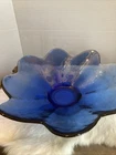 Vintage Blenko Bubble Glass Blue Flower Petal Bowl 12” In Diameter