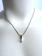 Silver Tone Slide Pendant Solitaire Necklace Faceted CZ Stone 17" Snake Chain