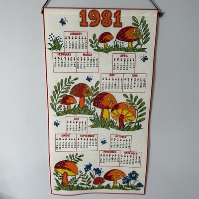 Vtg 1981 Felt Wall Calendar Retro Kitschy Sequin Mushroom Cottagecore 31''x16.5''