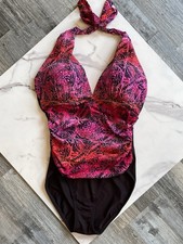 La Blanca Halter Top One Piece Swimsuit Size 12 Pink Black Flowers Tummy Panel