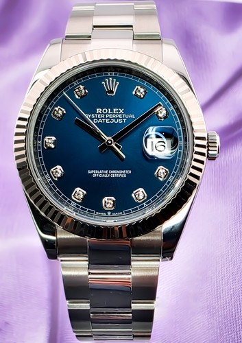 Rolex Datejust 126334 Oyster Fluted Bezel Blue Dial Diamond Index Fullset Mint