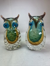 Murano Style Art Glass Owls Cobalt Blue Amber Vintage Hand Blown Heavy 7" Pair
