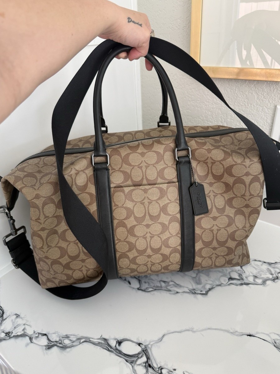 COACH duffle バッグ Coach Brown Canvas Duffle Bag Black Leather Trim Adjustable Strap