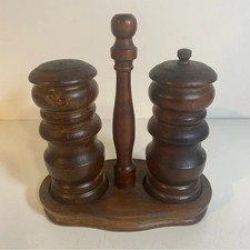 Vintage Wooden Salt Shaker  Pepper Mill With Wooden Stand