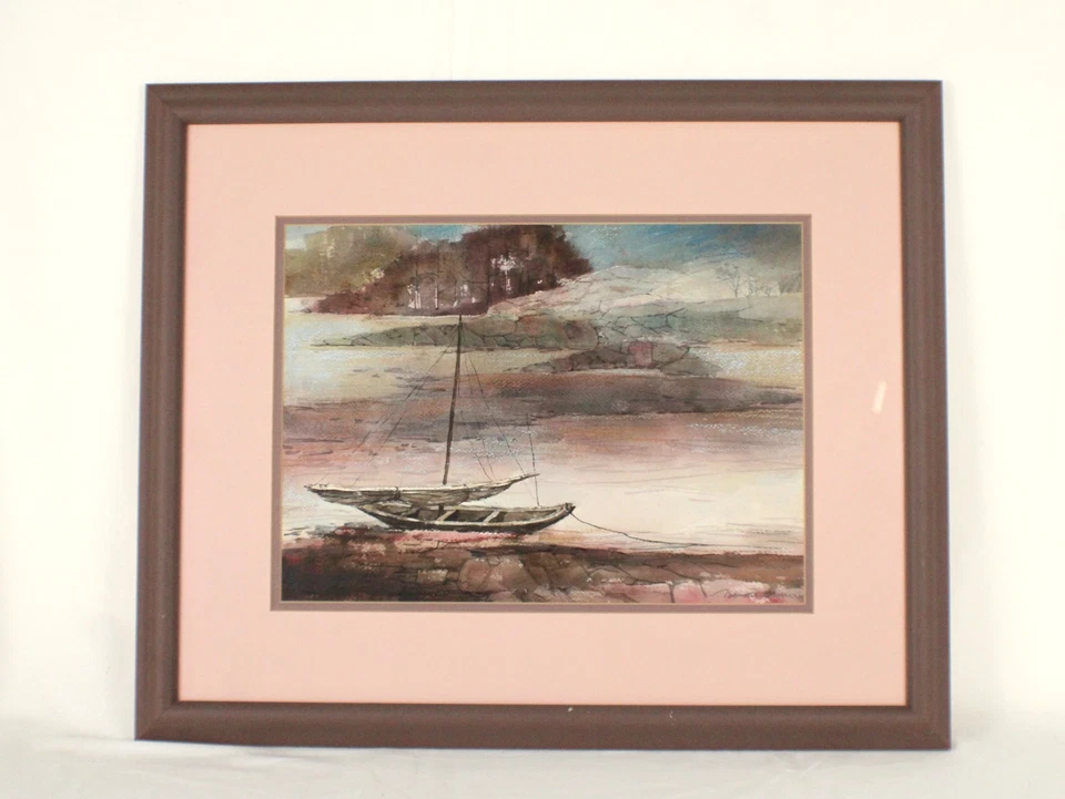 Paisaje marino de mediados de siglo antiguos veleros acuarela abstracta pintura firmada ilegible Foto 2 de 4