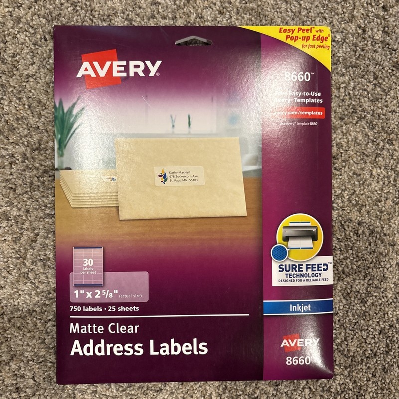 Avery Clear Easy Peel Address Labels 1 x 2 5/8 750/Pack 8660