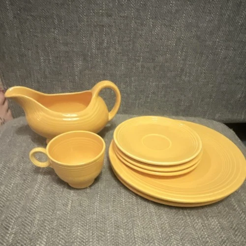 Fiesta Yellow Ceramic Dinner Set Plates Cups Saucers Gravy Boat Art Pottery