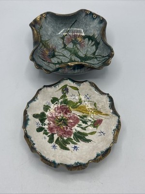 Vtg 2 W. E. Co Italy Ceramic Pottery Hand Painted Gold Floral Decorative Trinket