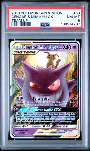 2019 POKEMON SUN & MOON TEAM UP #53 GENGAR & MIMIKYU GX PSA 8