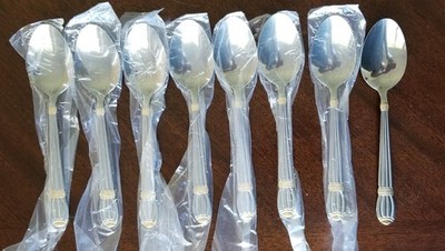 New Lot of 8 Oval Soup Spoons 6 3/4'' Gold Accents Unknown Mfg. Stainless China