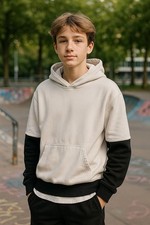 H M Basic Hoodie Youth 16/18 White Black Colorblock Pullover Kangaroo Pocket