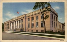 Post Office Flint Michigan flag architecture ~ 1940s linen postcard