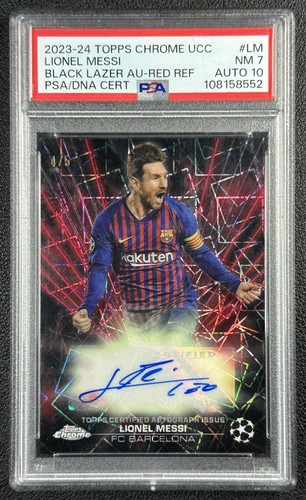 LIONEL MESSI RED REFRACTOR /5 2023-24 TOPPS CHROME UCC BLACK LAZER PSA 7 Auto 10