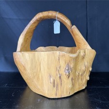 Hand-Carved Solid Burl Wood Basket Bowl with Handle, Rustic Decor, Natural Color