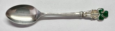 Irish Shamrock three-leaf clover sterling silver and green enamel coffee spoon