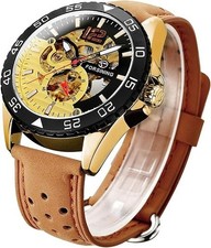 Luxury Men's Automatic Mechanical Wrist Watch Leather Strap Retro Skeleton Dial