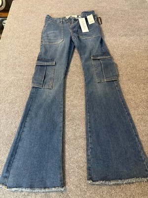 NWT!!  Indigo Rein Denim Cargo Flare High Rise Jeans Size 3 W25/32 1/2 Raw Hem